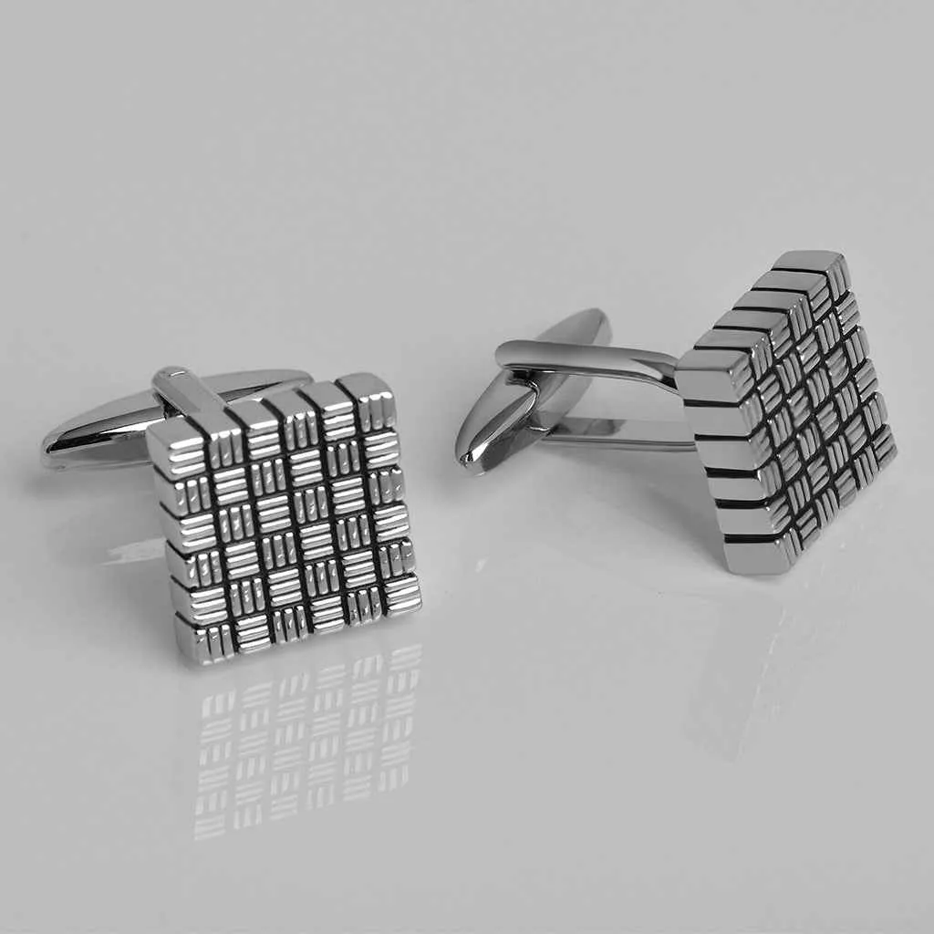 15.5mm Square Striped Cufflinks – Silver with Black Oil Finish