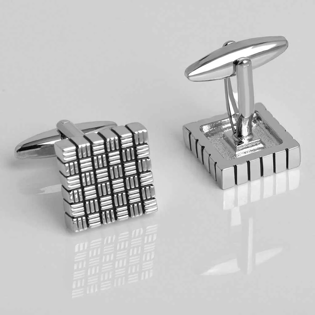 15.5mm Square Striped Cufflinks – Silver with Black Oil Finish