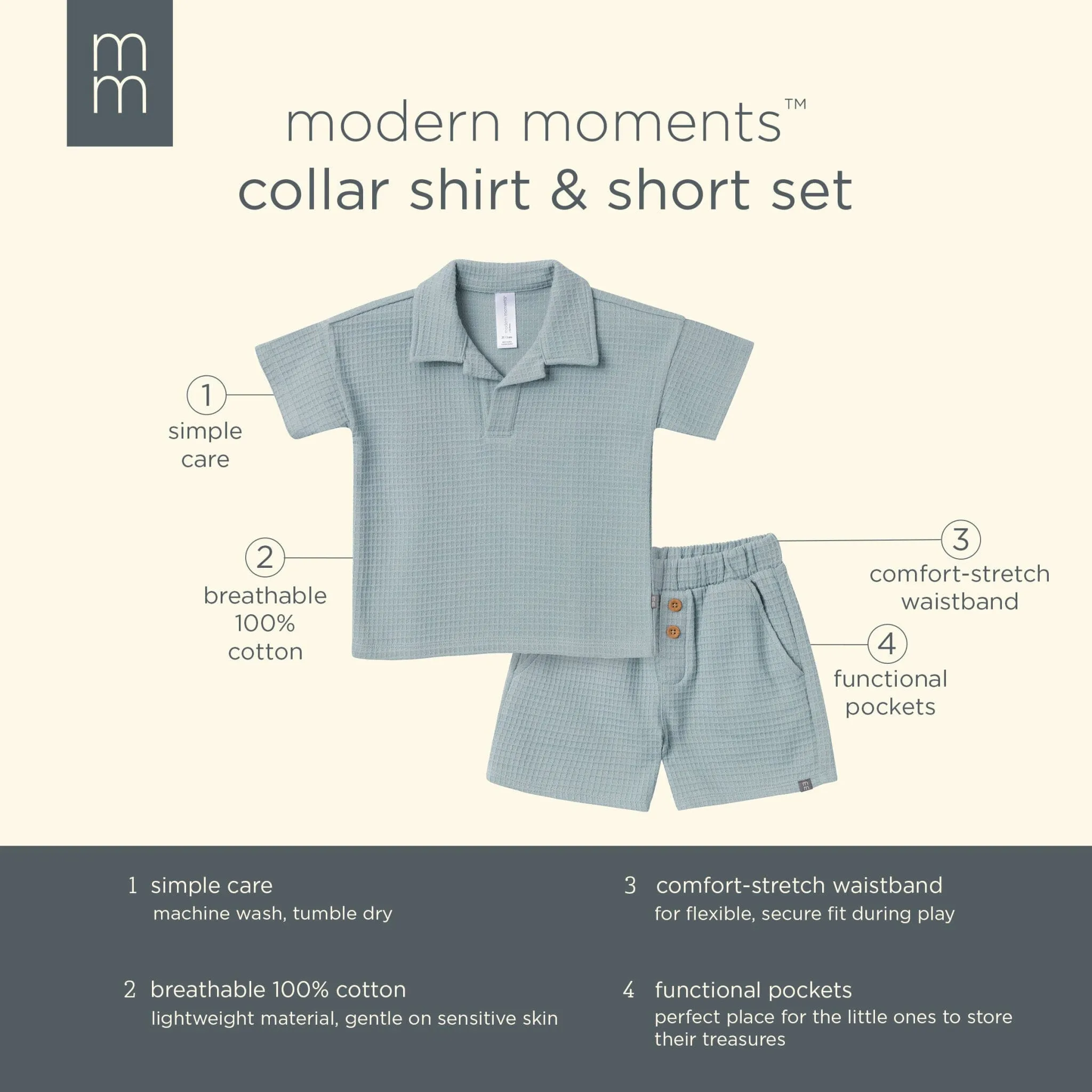 2-Piece Toddler Boys Teal Johnny Collar Shirt and Shorts Set