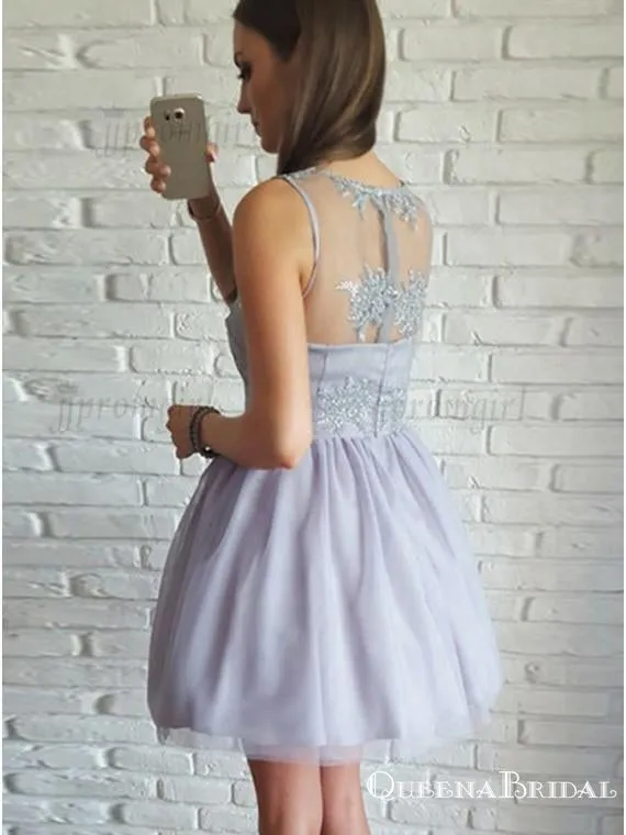 A-line Scoop Neck Tulle Short/Mini Appliques Lace Homecoming Dresses, QB0837