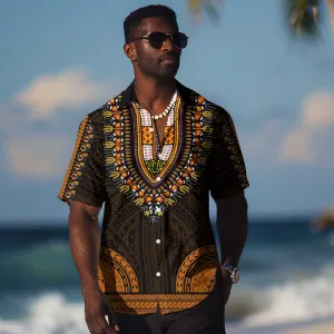African Dashiki and Polynesian Pattern Hawaiian Shirt Gold LT9