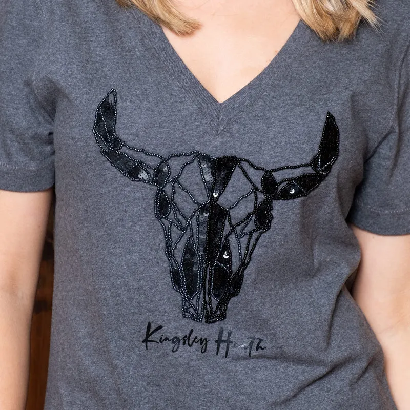 African Luxe Skull V-Neck Shabby Tee - Jackal
