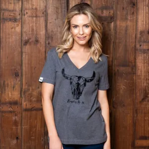 African Luxe Skull V-Neck Shabby Tee - Jackal