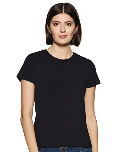 Amazon Brand - Symbol Women's Solid Regular Fit Half Sleeve T-Shirt (SYMAW19RN1_Lt Grey Melange & Black_M) (Combo Pack of 2)