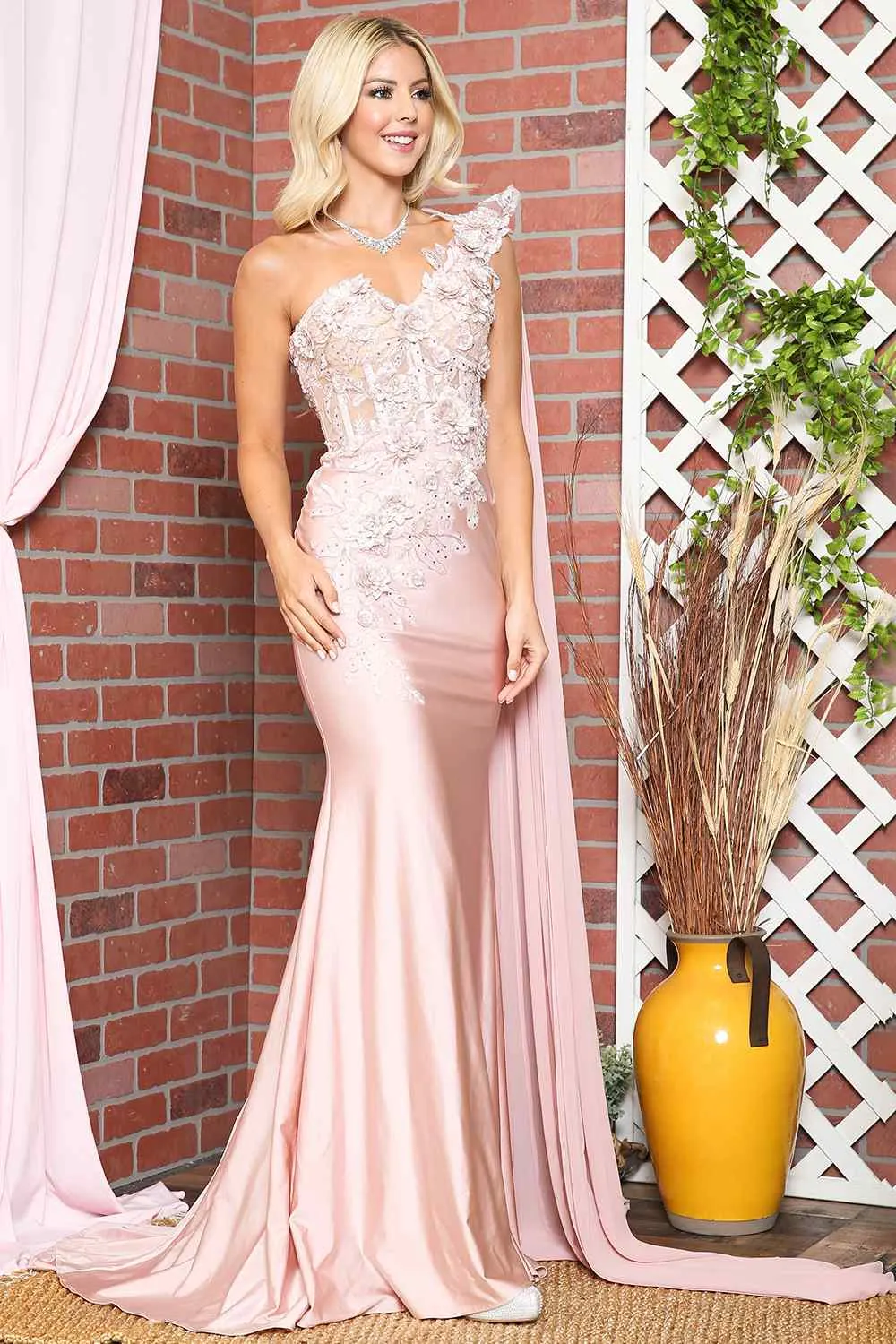 Amelia Couture 388 Long One Shoulder Draping Cape Bustier Bodice Dress