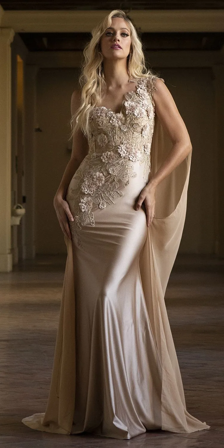 Amelia Couture 388 Long One Shoulder Draping Cape Bustier Bodice Dress