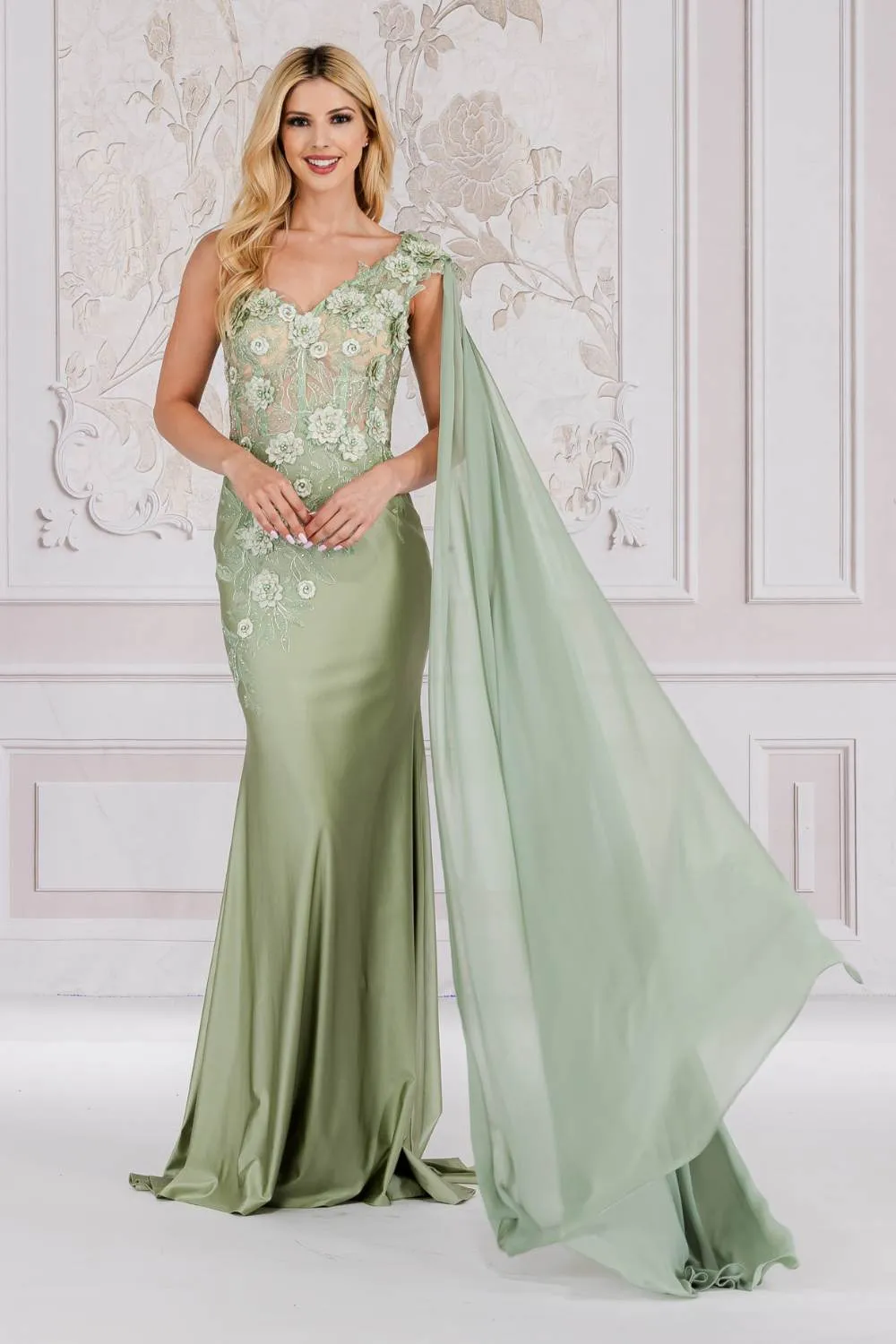Amelia Couture 388 Long One Shoulder Draping Cape Bustier Bodice Dress