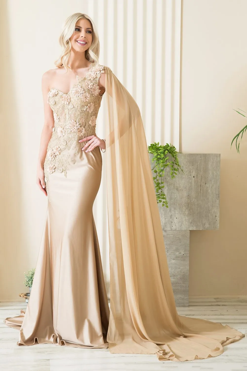 Amelia Couture 388 Long One Shoulder Draping Cape Bustier Bodice Dress