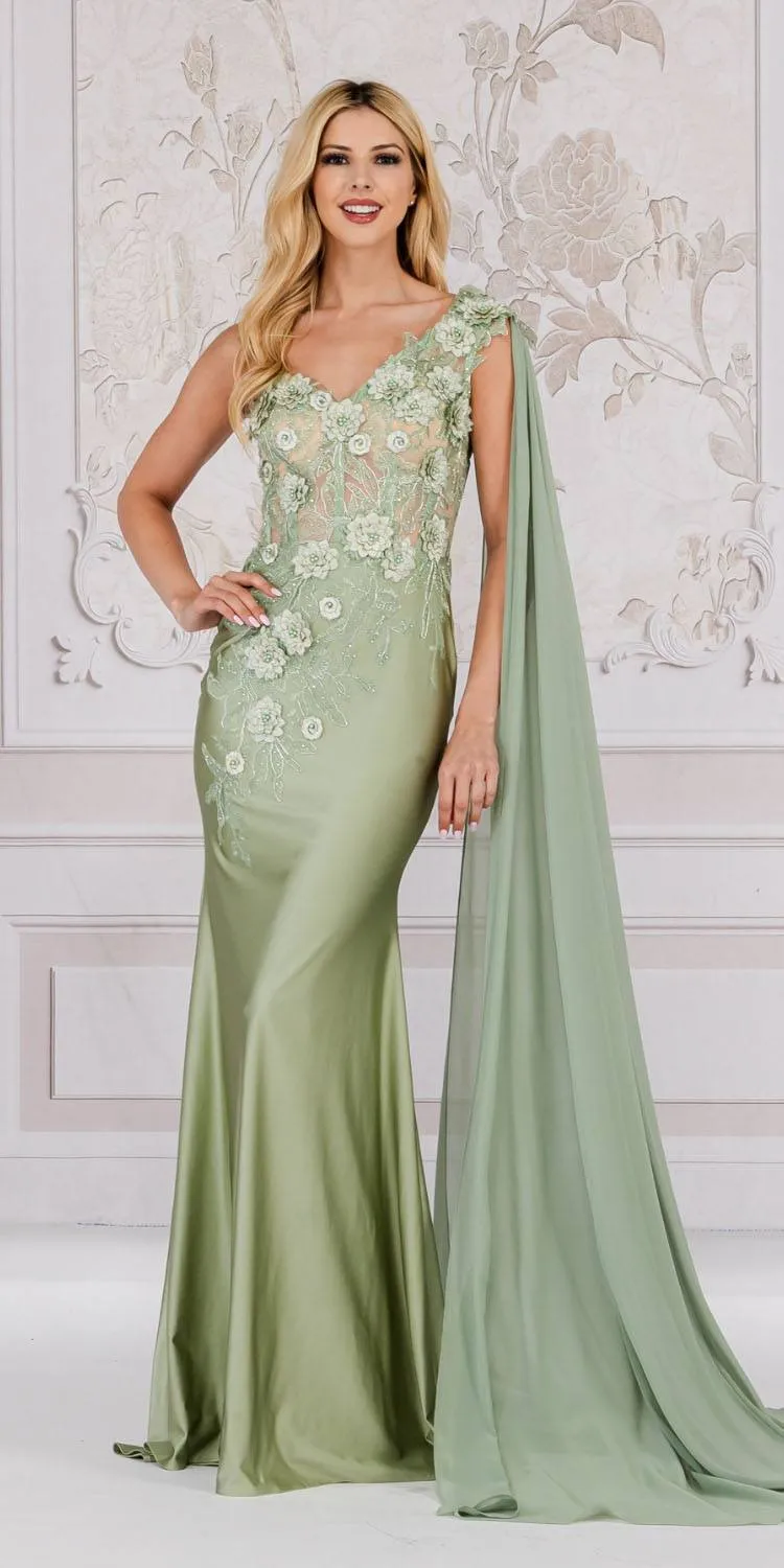 Amelia Couture 388 Long One Shoulder Draping Cape Bustier Bodice Dress
