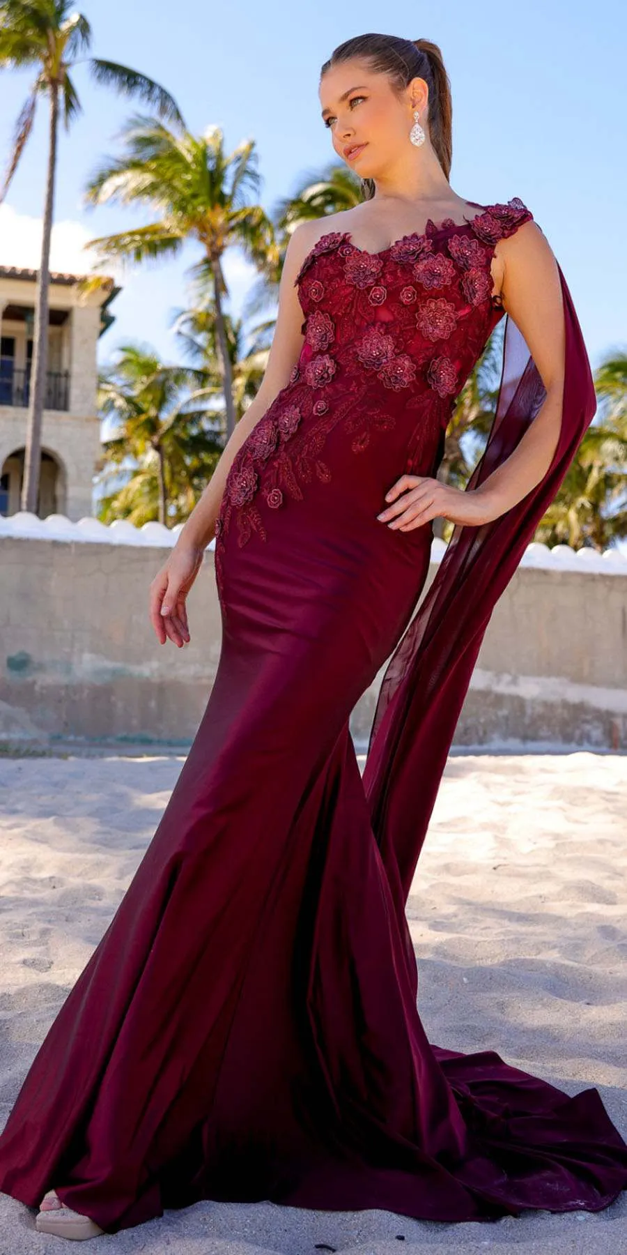 Amelia Couture 388 Long One Shoulder Draping Cape Bustier Bodice Dress