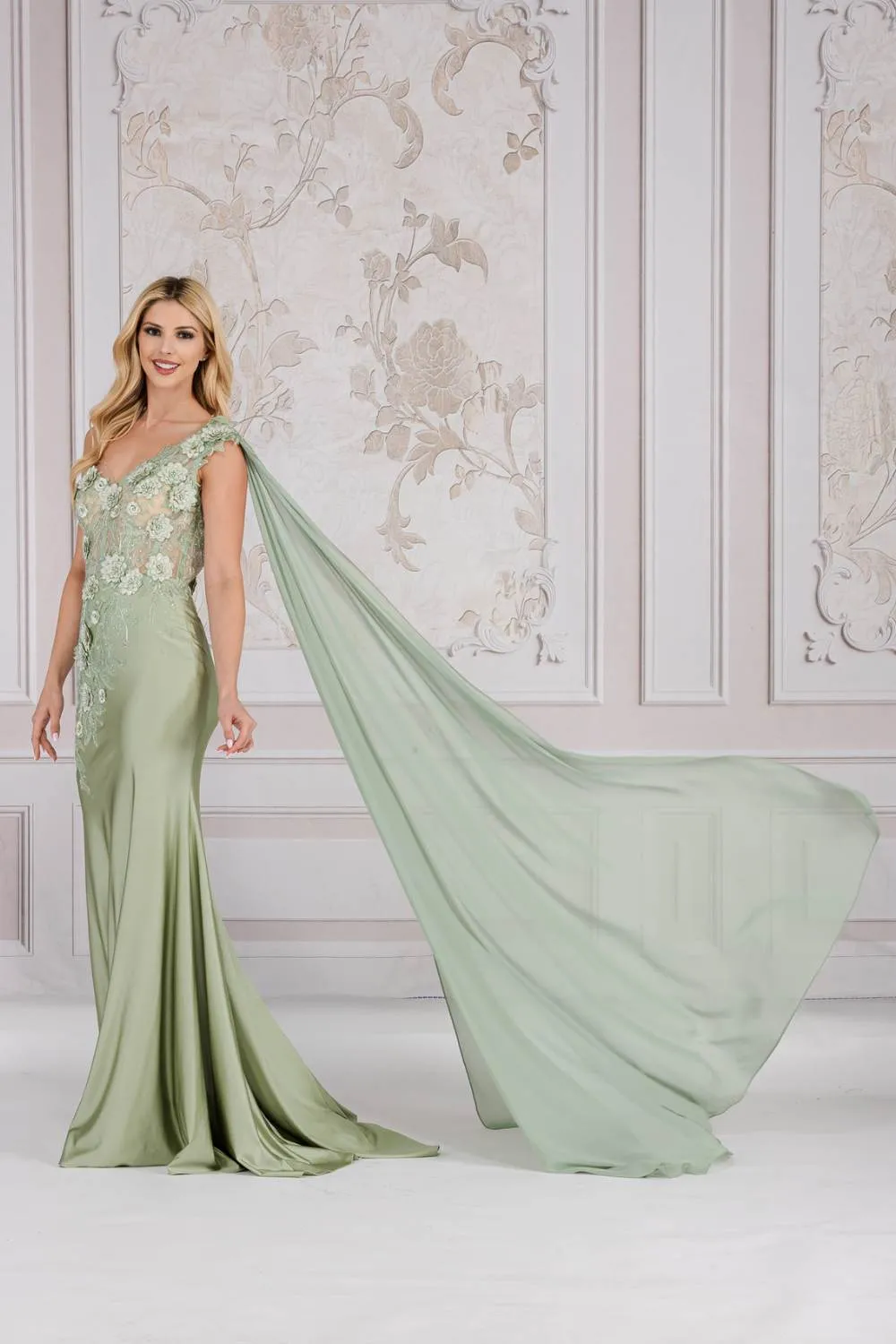 Amelia Couture 388 Long One Shoulder Draping Cape Bustier Bodice Dress