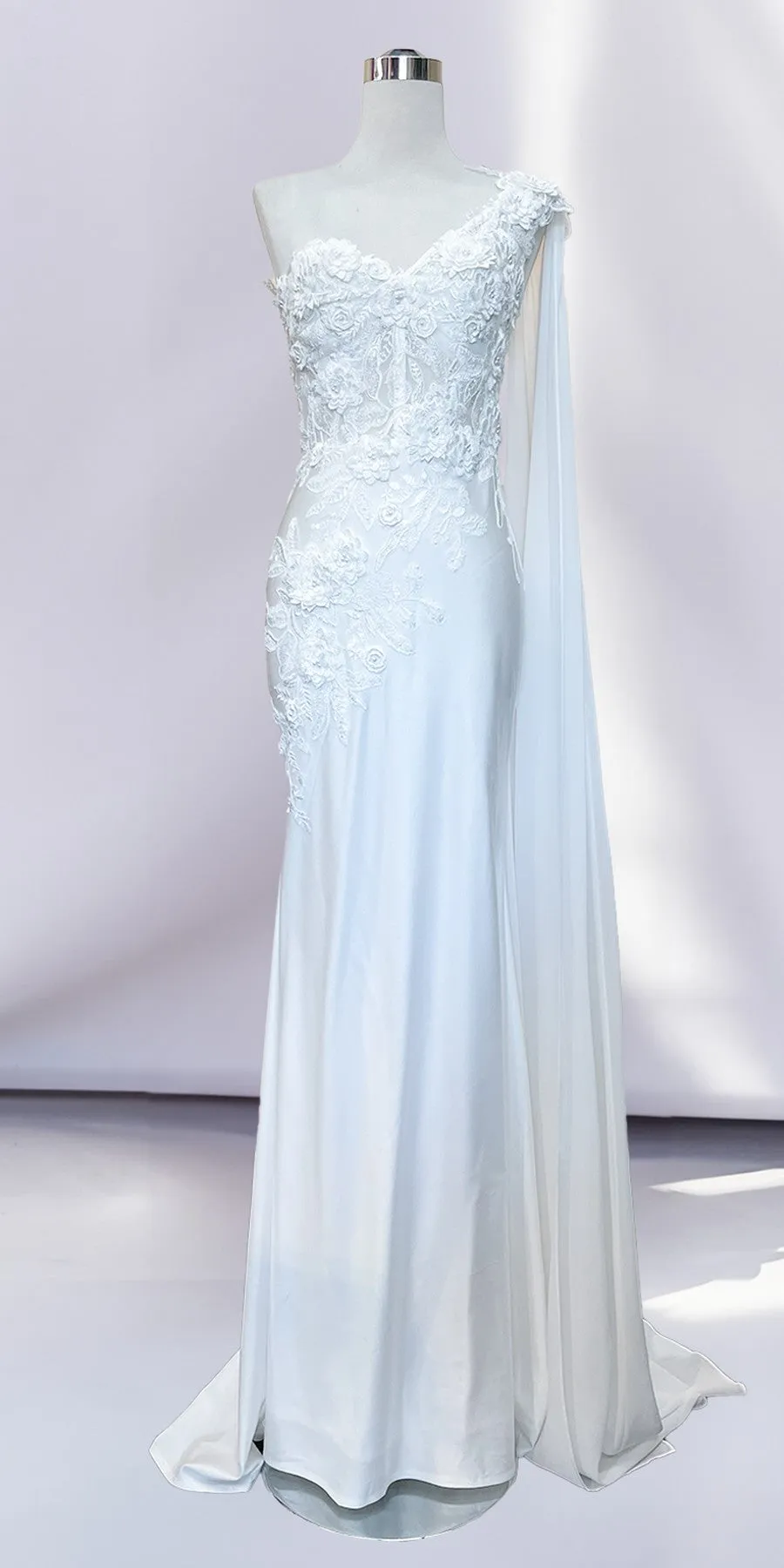 Amelia Couture 388 Long One Shoulder Draping Cape Bustier Bodice Dress