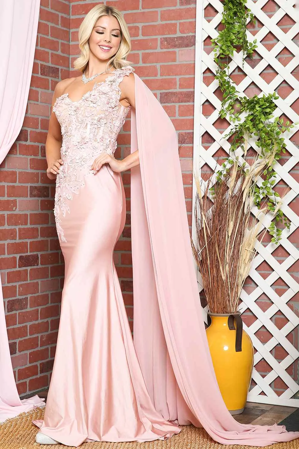 Amelia Couture 388 Long One Shoulder Draping Cape Bustier Bodice Dress