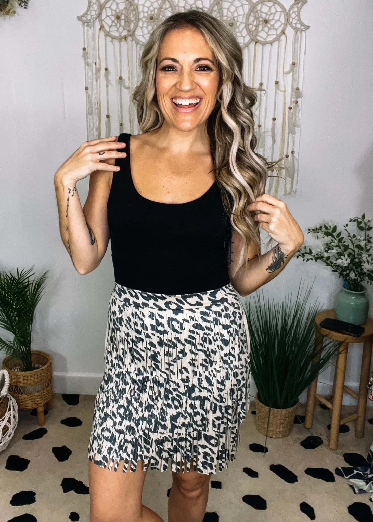 Animal Printed Suede Layered Fringe Mini Skirt