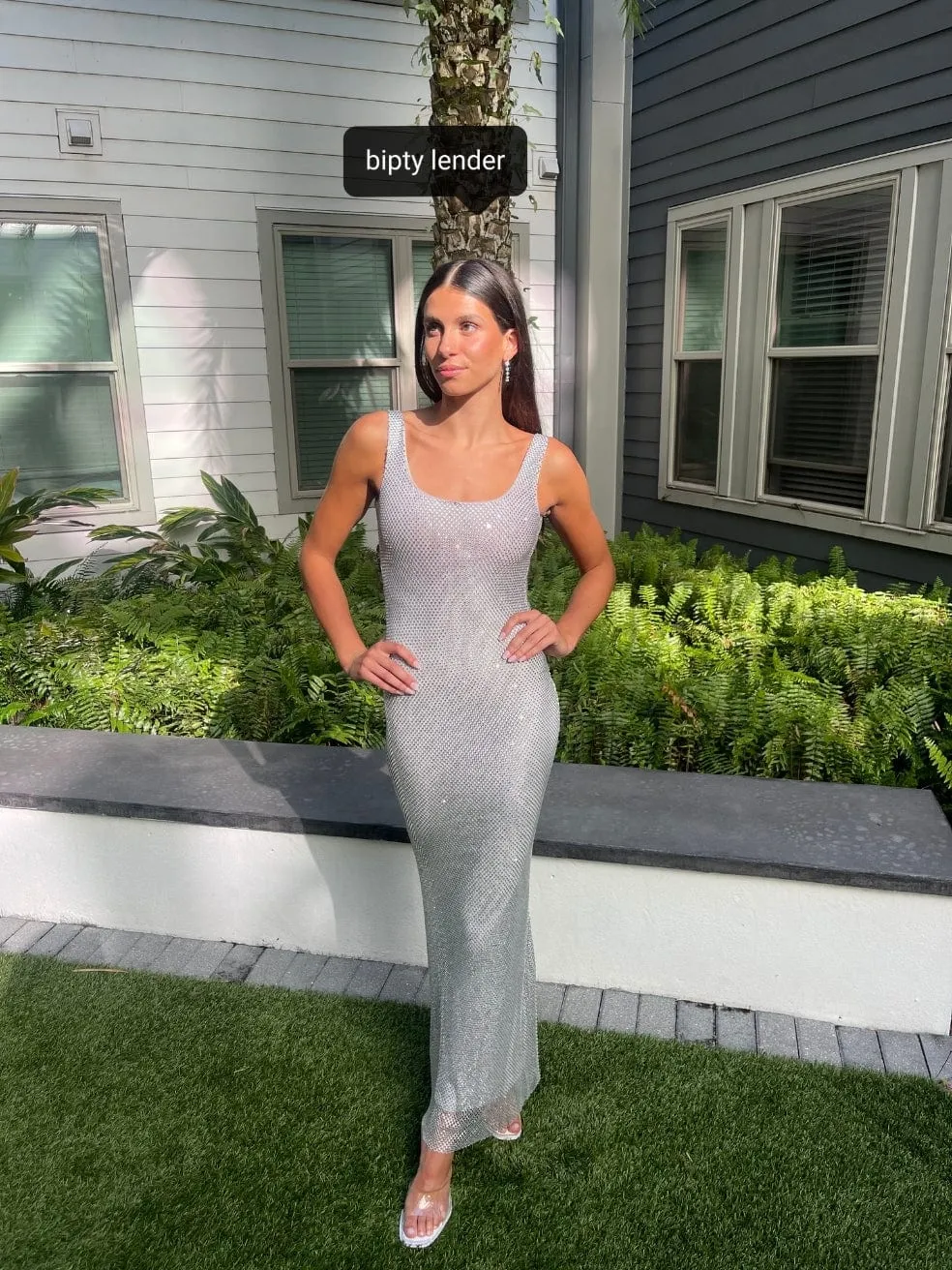 Annika Diamanté Mesh Maxi Dress in Silver