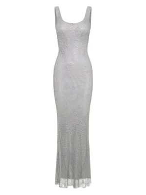 Annika Diamanté Mesh Maxi Dress in Silver