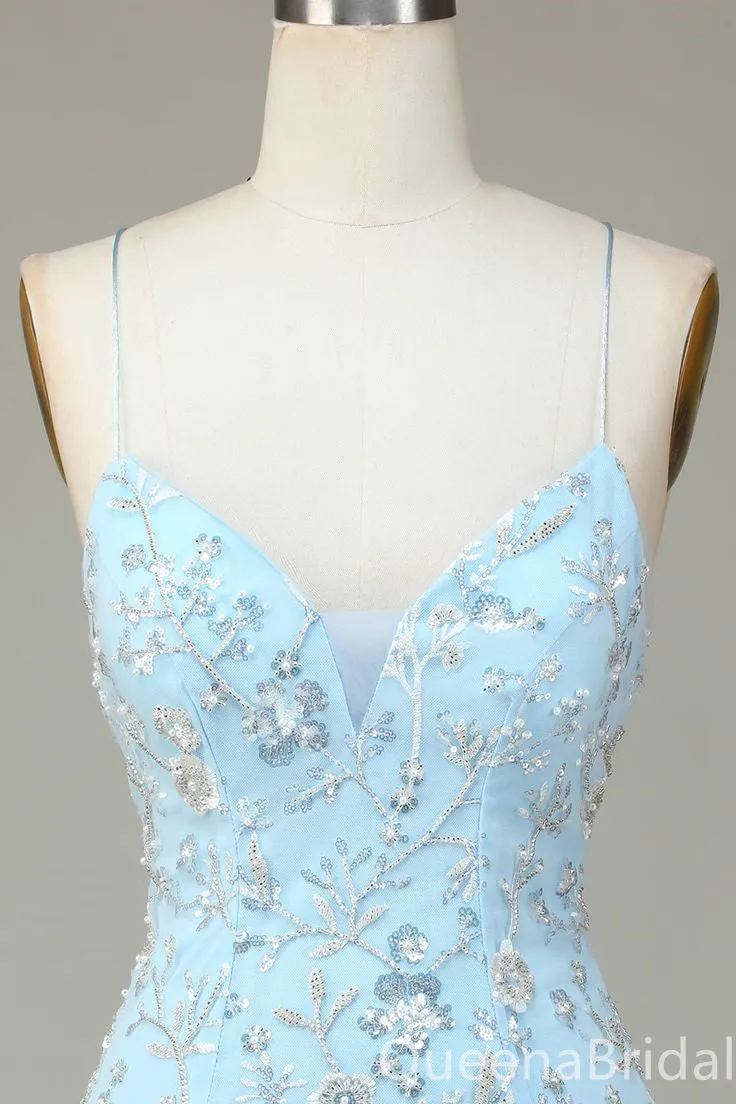Baby Blue Mermaid Spaghetti Straps Sweetheart Lace Up Back Floral Appliques Graduation Party Short Homecoming Dresses, QB0769