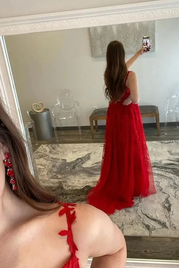 Beautiful Tulle A-line Sweetheart Lace Appliques Prom Dresses With Slit, SP841