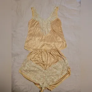 Beautiful Vintage 1990s Gold Embroidered Lace Satin Camisole Shorts Set M or L
