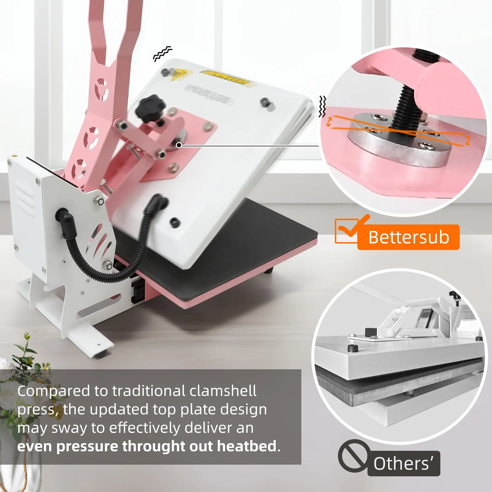 BetterSub Heat Press 15x15 inch Digital Heat Press Machine, Slide Out Industrial Quality T-Shirt Heat Transfer Machine Pink White