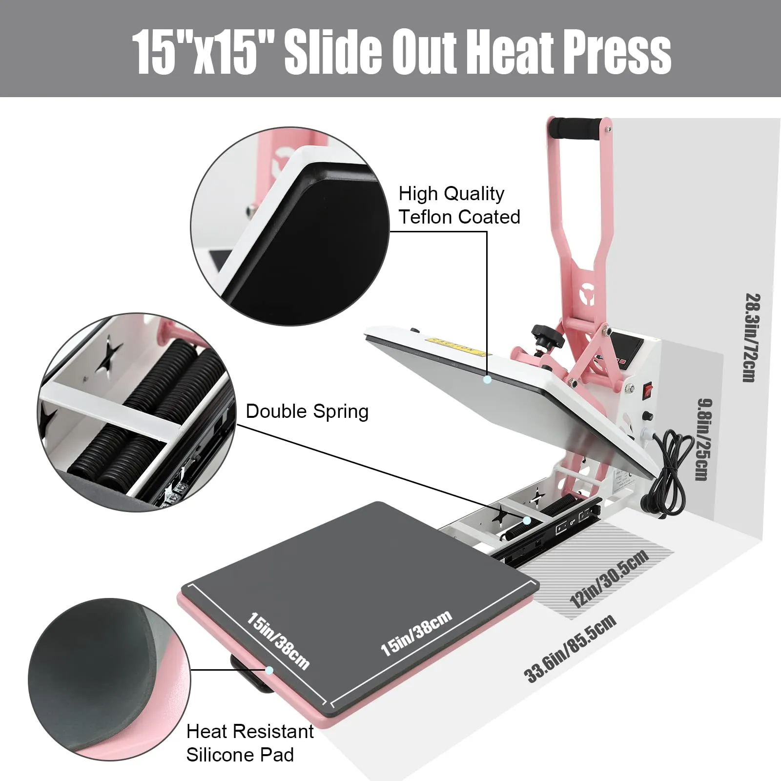 BetterSub Heat Press 15x15 inch Digital Heat Press Machine, Slide Out Industrial Quality T-Shirt Heat Transfer Machine Pink White