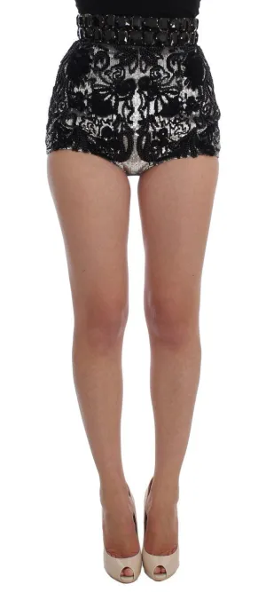 Black Crystal Sequined Mini Shorts