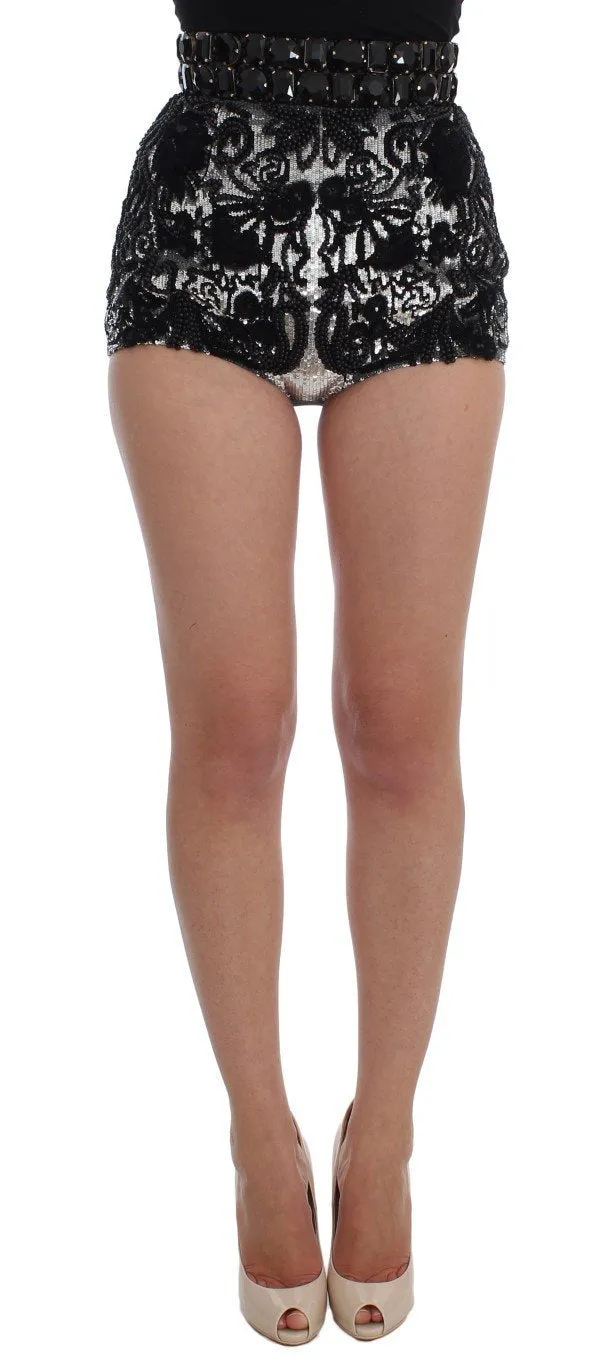 Black Crystal Sequined Mini Shorts