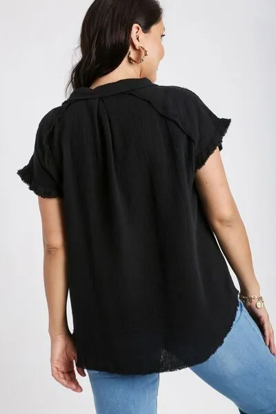 Black Frayed Hem Collared Neck Short Sleeve Shirt for Women - Shop Now