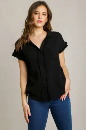 Black Frayed Hem Collared Neck Short Sleeve Shirt for Women - Shop Now