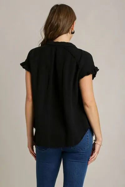 Black Frayed Hem Collared Neck Short Sleeve Shirt for Women - Shop Now
