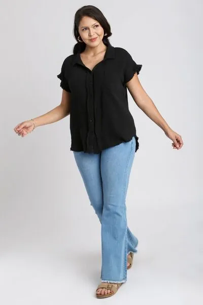 Black Frayed Hem Collared Neck Short Sleeve Shirt for Women - Shop Now