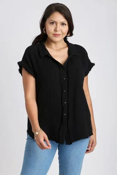 Black Frayed Hem Collared Neck Short Sleeve Shirt for Women - Shop Now