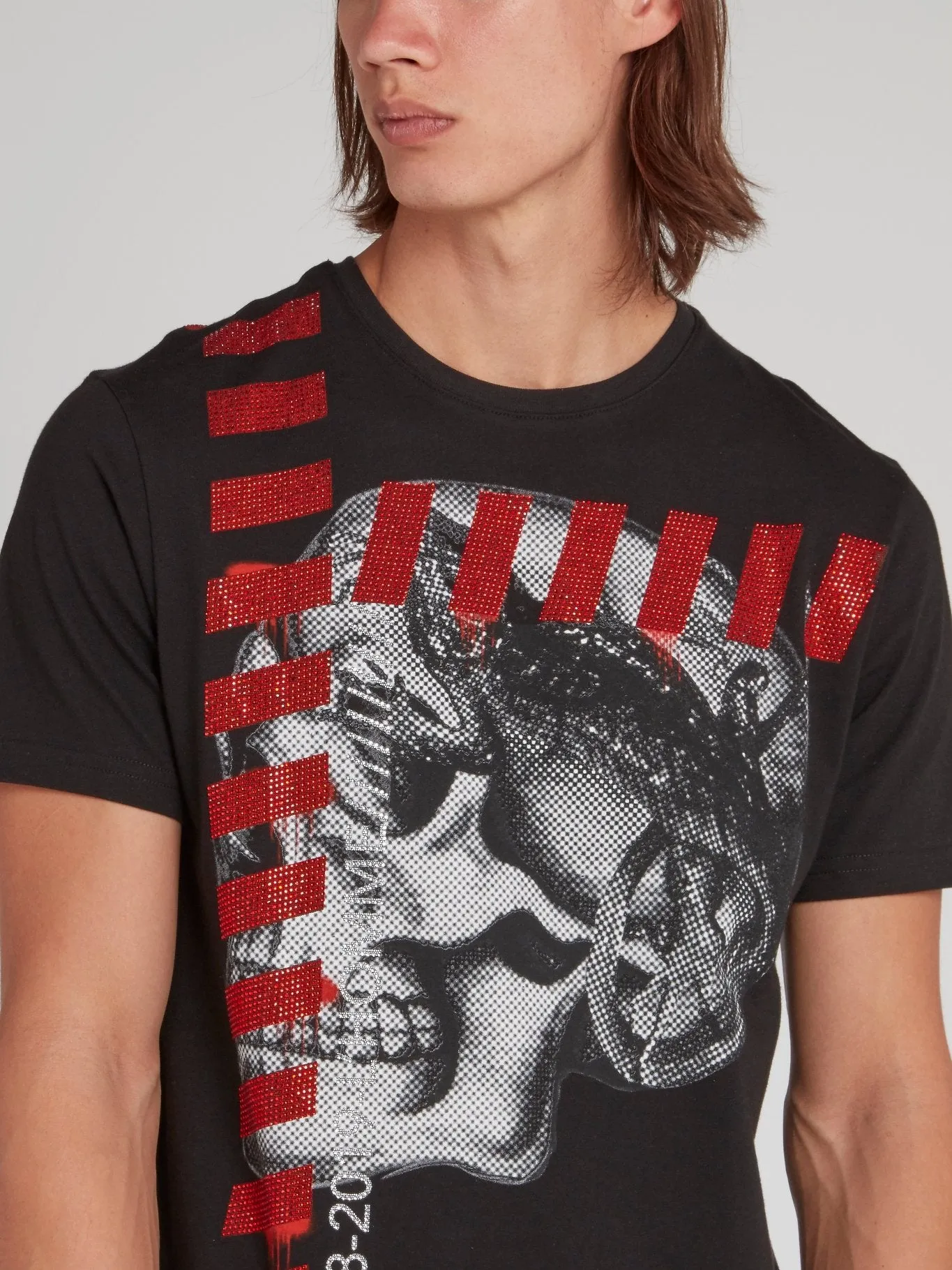 Black Skull Print Red Studded T-Shirt