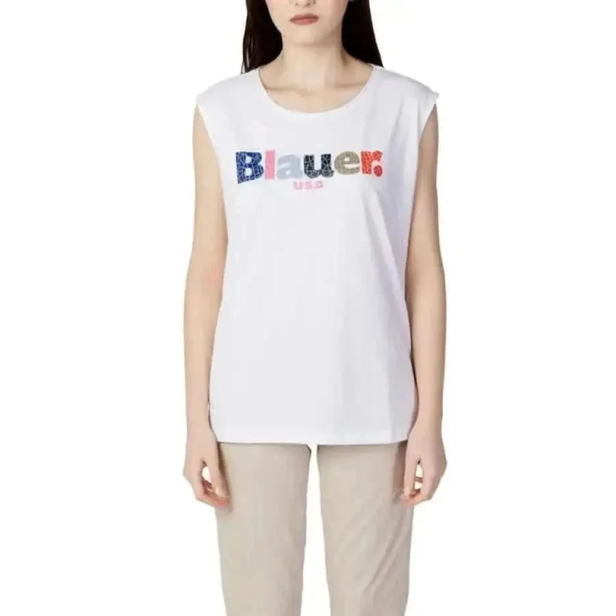 Blauer Women's Sleeveless Round Neck T-Shirt White Cotton