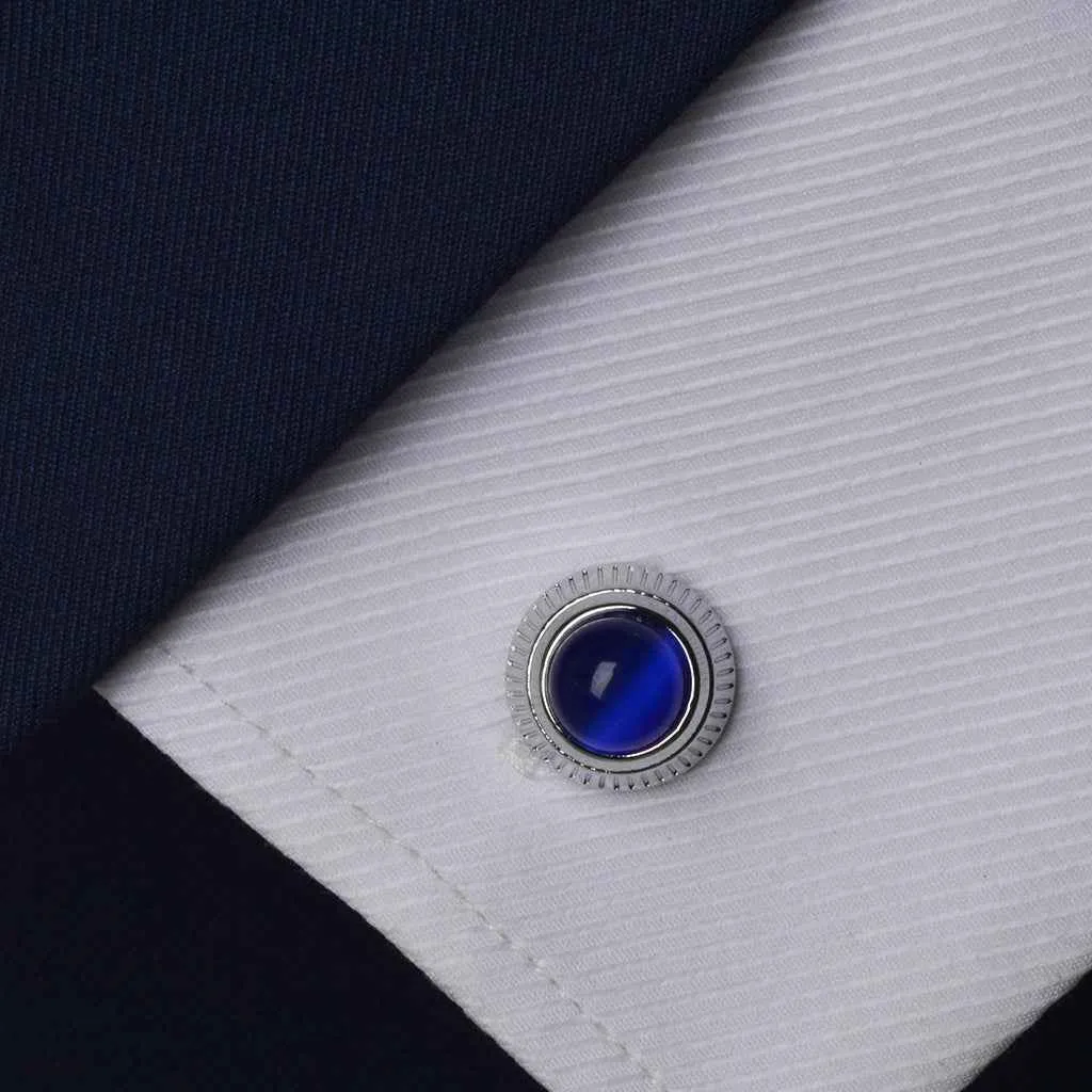 Blue Cat's Eye Stone Round Cufflinks for Men