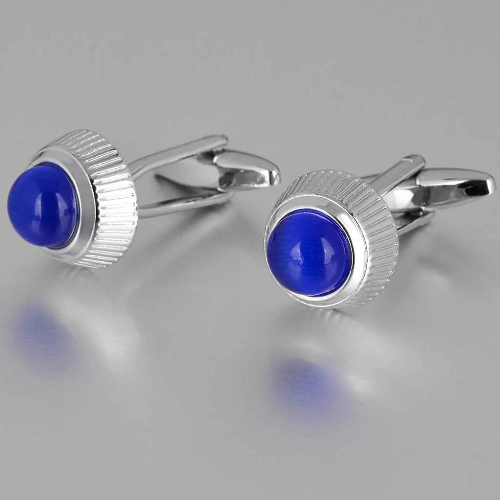 Blue Cat's Eye Stone Round Cufflinks for Men