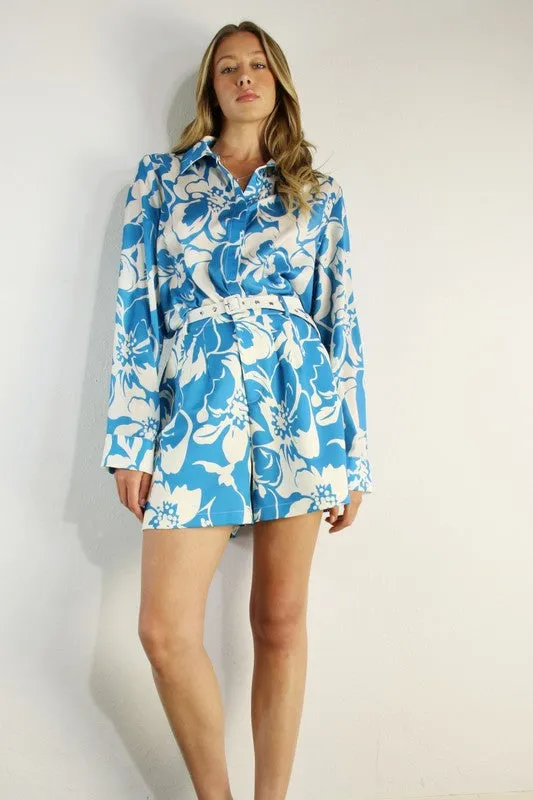 BLUE FLORAL PRINT SHIRTS AND SHORTS SET