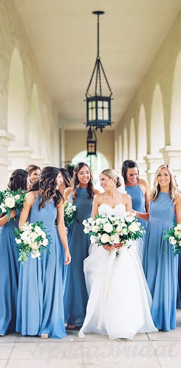 Blue Halter Bridesmaid Crew Long Bridesmaid Dresses, Elegant Formal Bridesmaid Dress WG562