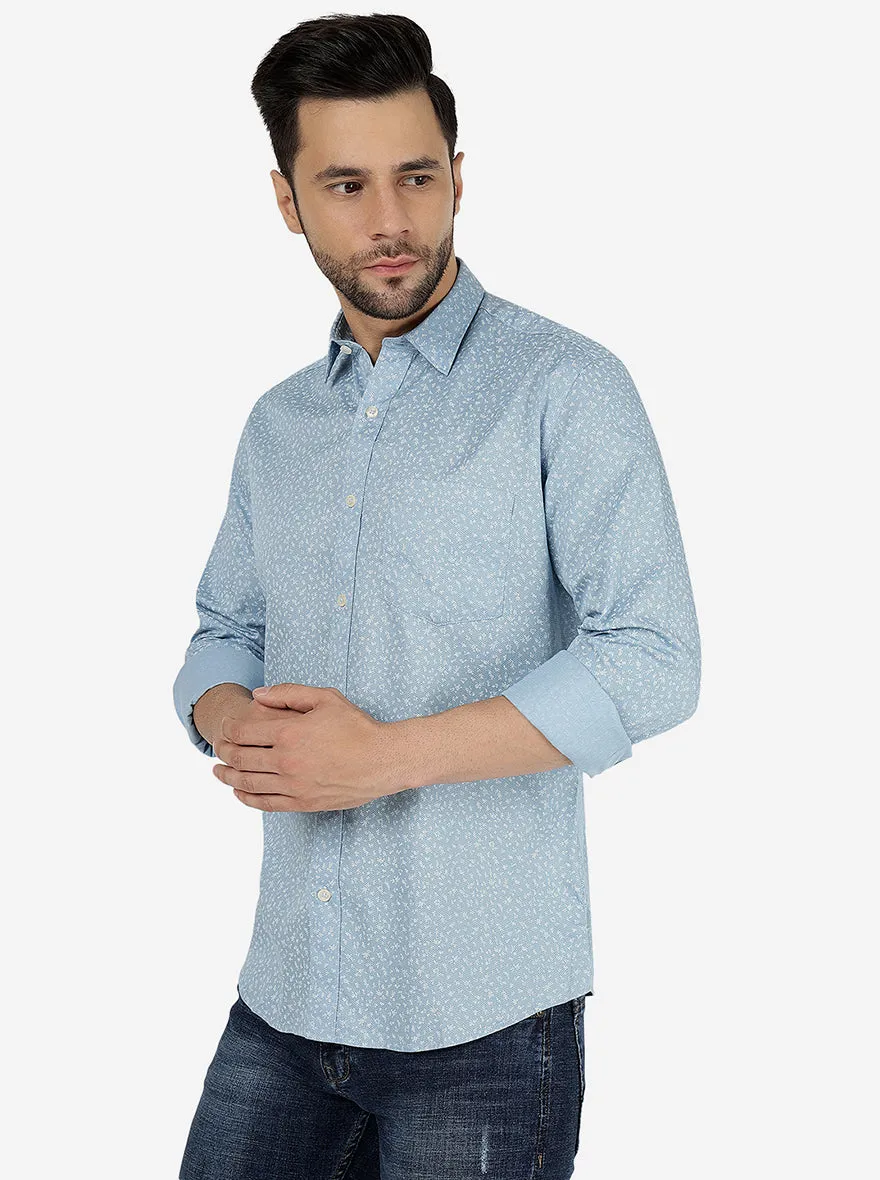 Blue Printed Slim Fit Semi Casual Shirt | JadeBlue