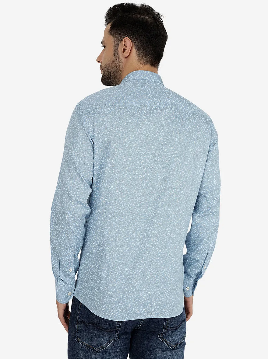 Blue Printed Slim Fit Semi Casual Shirt | JadeBlue