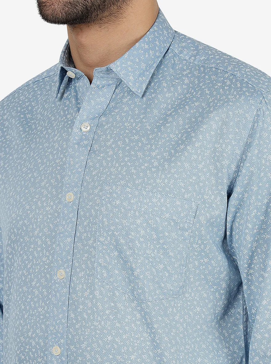 Blue Printed Slim Fit Semi Casual Shirt | JadeBlue