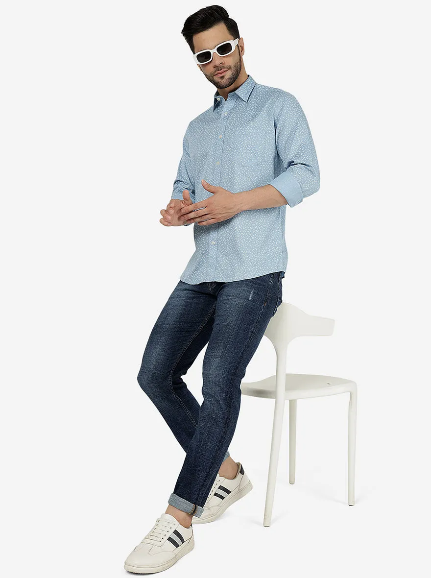 Blue Printed Slim Fit Semi Casual Shirt | JadeBlue
