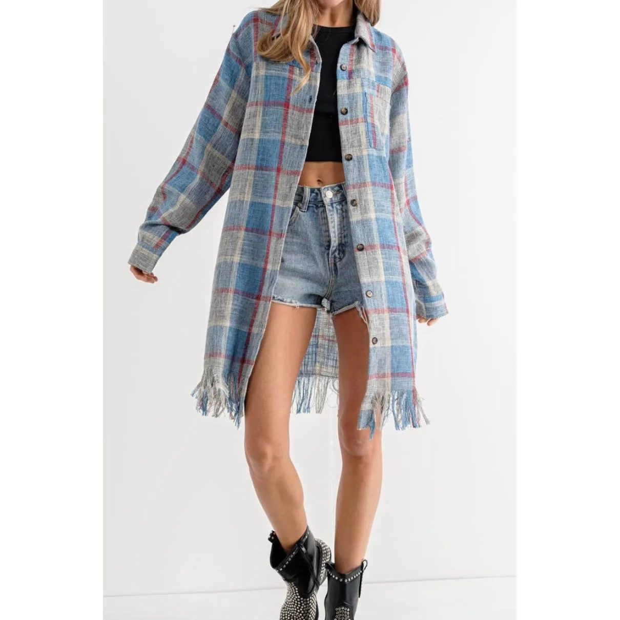 blue   red plaid fringe shacket