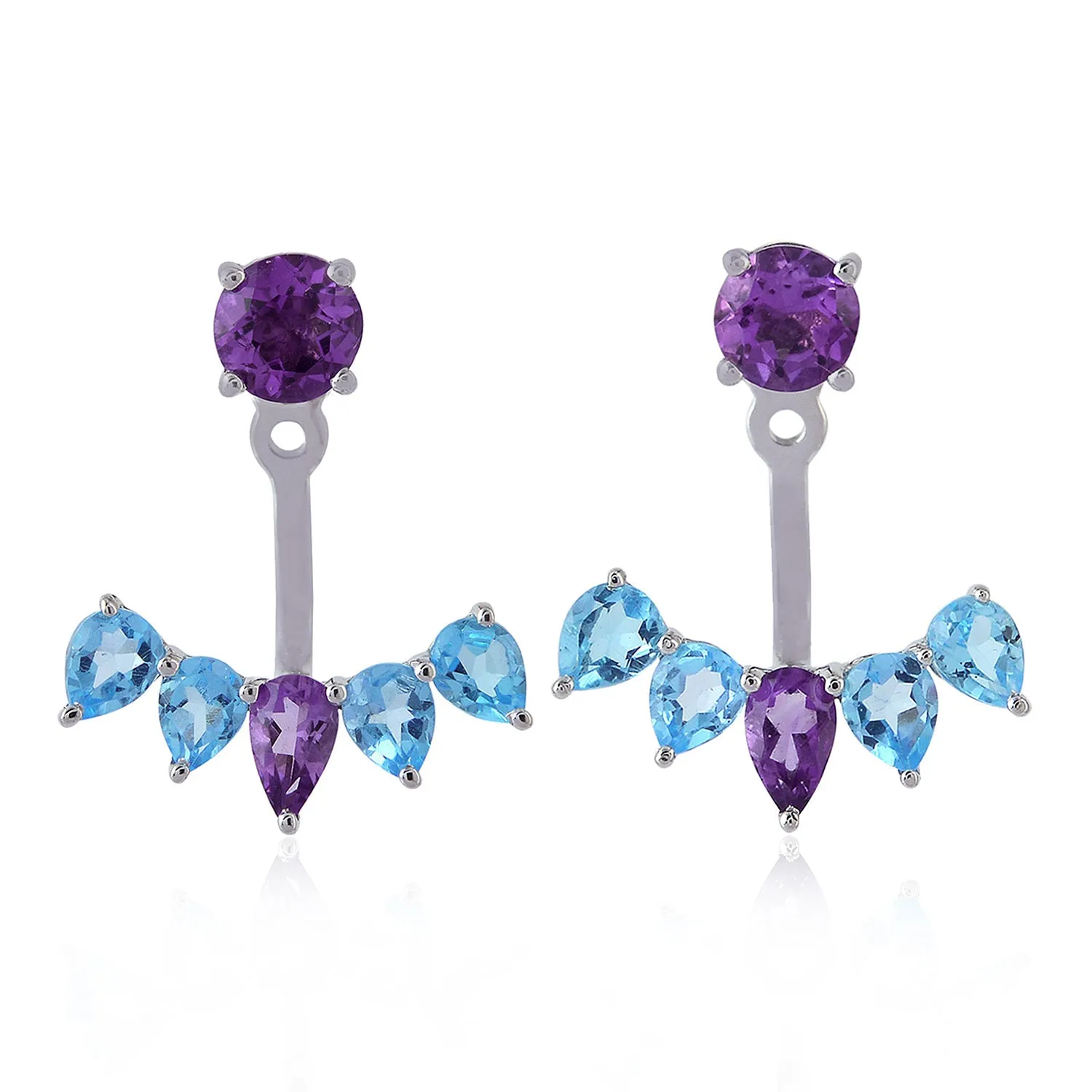 Blue Topaz Amethyst Designer Ear Jackets 14K White Gold Handmade Jewelry