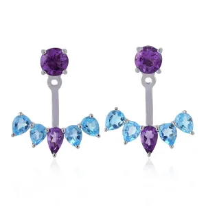 Blue Topaz Amethyst Designer Ear Jackets 14K White Gold Handmade Jewelry
