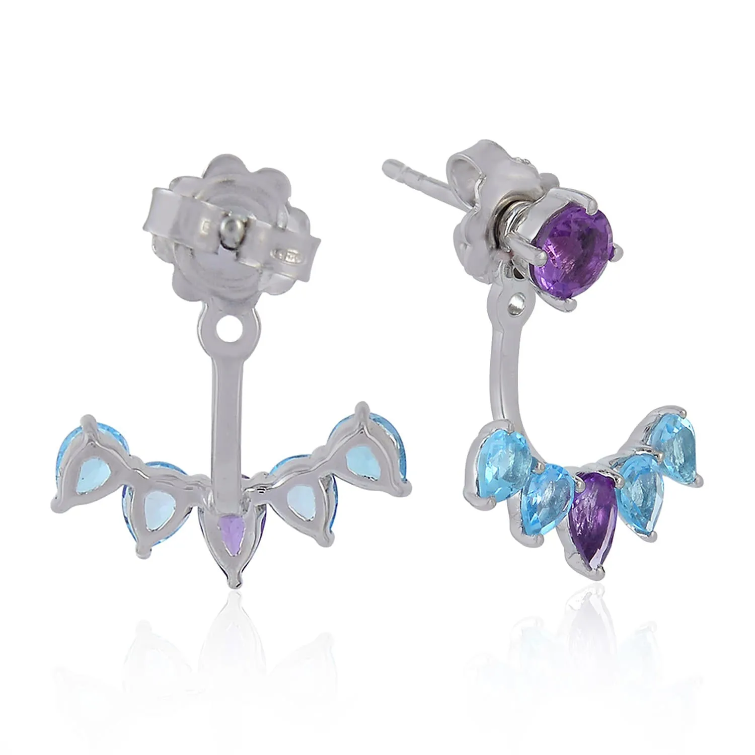 Blue Topaz Amethyst Designer Ear Jackets 14K White Gold Handmade Jewelry