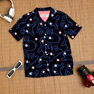 Boys Cat Printed Shirt Black Blue
