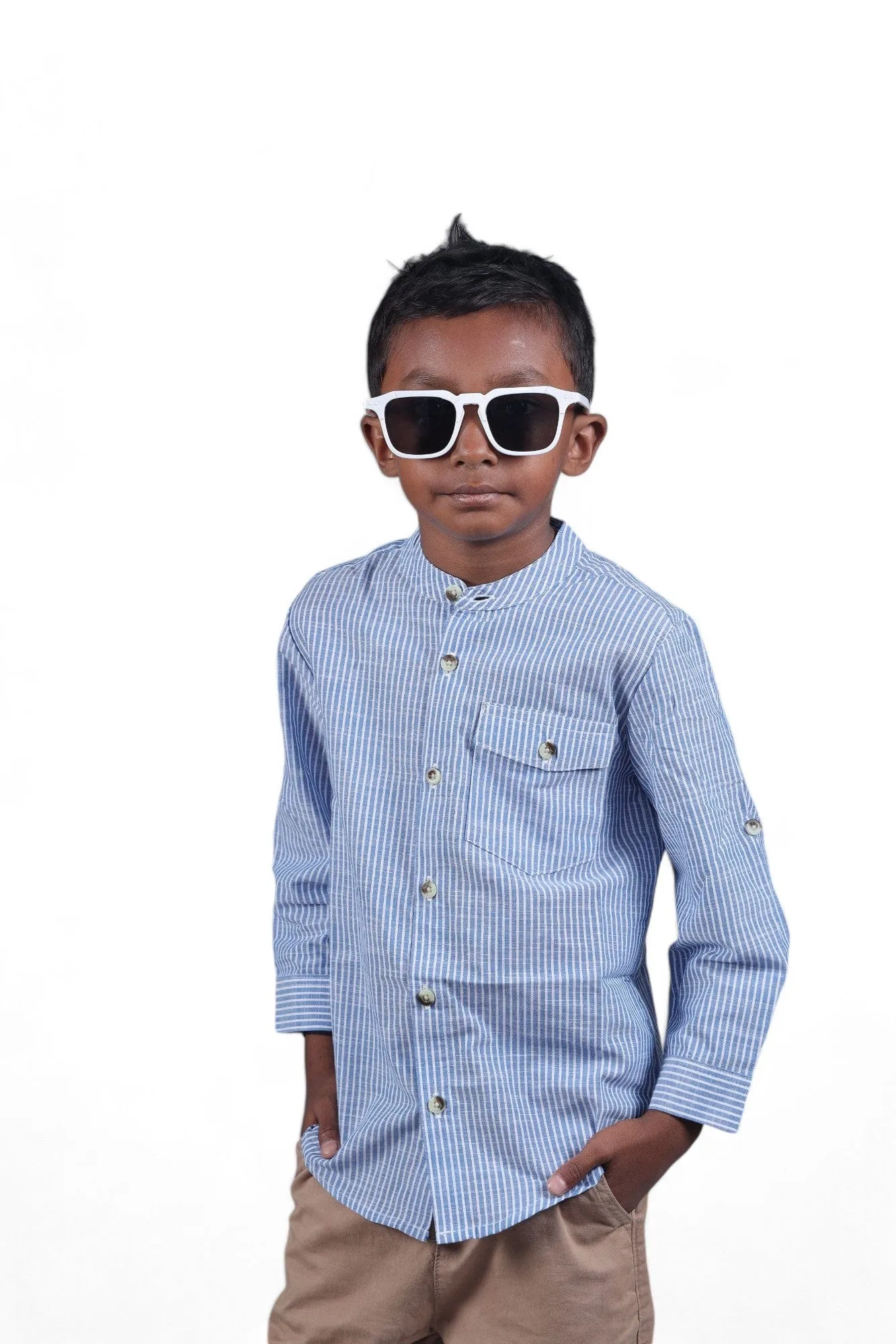 Boys Roll Up Sleeve Shirt Navy Stripes