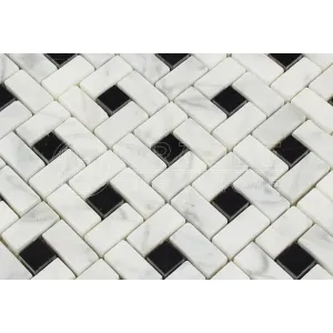 Carrara White Italian (Bianco Carrara) Marble Pinwheel Mosaic Tile with Black, Polished
