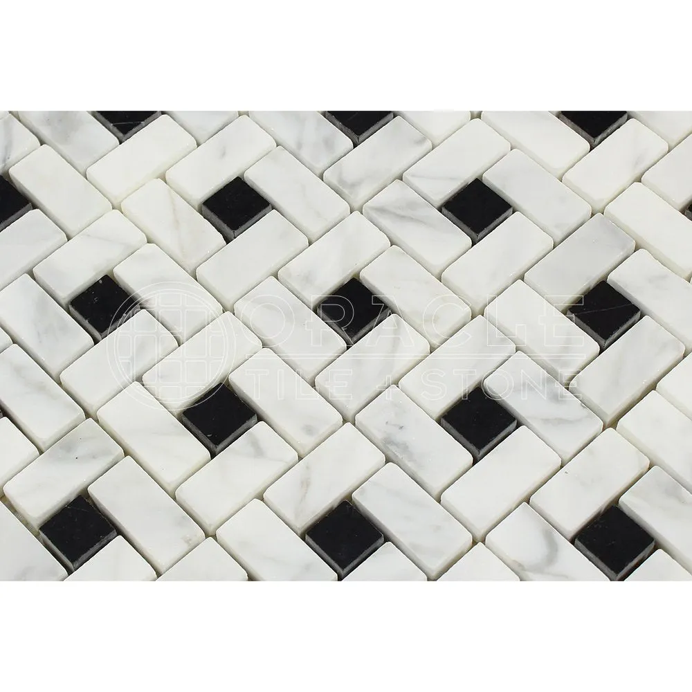 Carrara White Italian (Bianco Carrara) Marble Pinwheel Mosaic Tile with Black, Polished